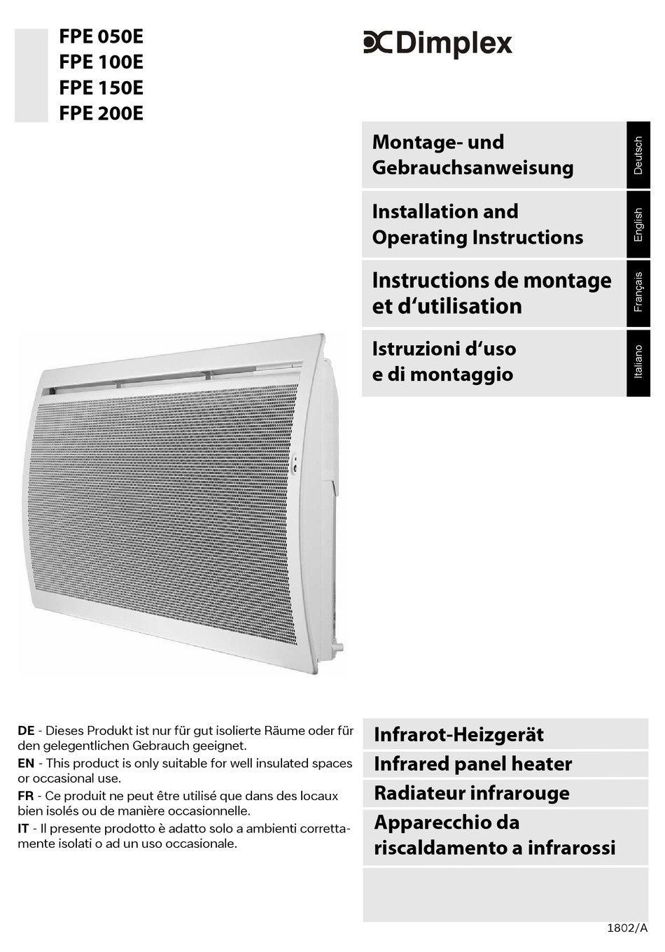 DIMPLEX FPE 050E HEATER INSTALLATION AND OPERATING INSTRUCTIONS MANUAL dimplex-fpe-050e-heater-installation-and-operating-instructions-manual