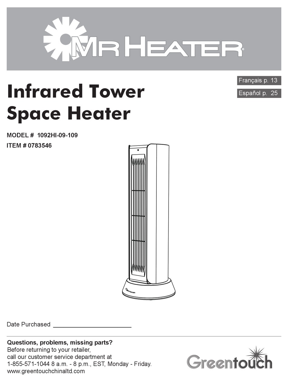Specifications; Grounding Instructions - Greentouch MR HEATER 1092HI-09-109  Manual [Page 5] | ManualsLib