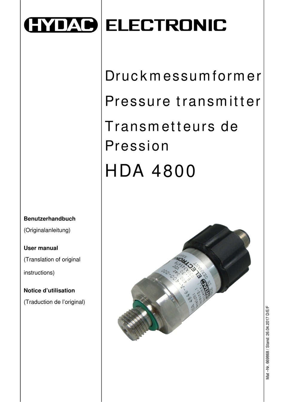 HYDAC HDA 4800 TRANSMITTER USER MANUAL ManualsLib