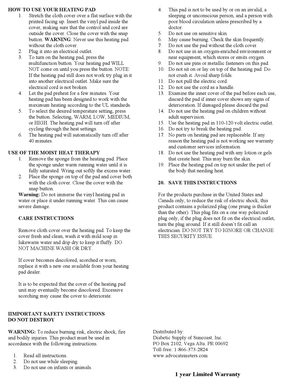 DIABETIC SUPPLY OF SUNCOAST ADVOCATE HEATING PAD MANUAL Pdf Download