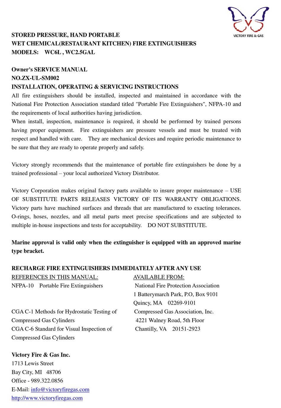 VICTORY FIRE & GAS WC6L FIRE EXTINGUISHER OWNER'S SERVICE MANUAL