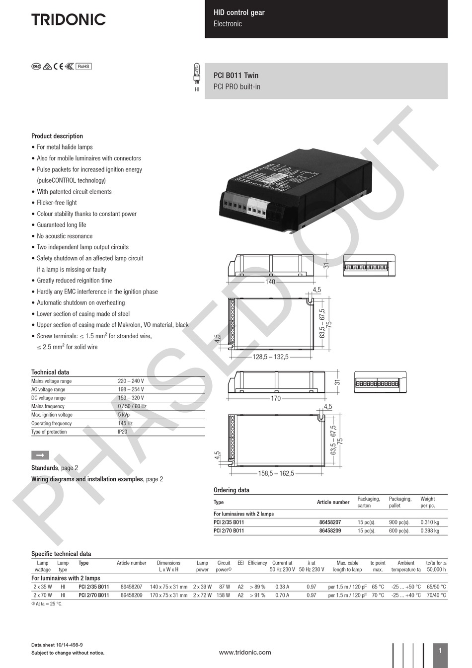 TRIDONIC PCI B011 TWIN SERIES INDUSTRIAL ELECTRICAL TECHNICAL DATA ...