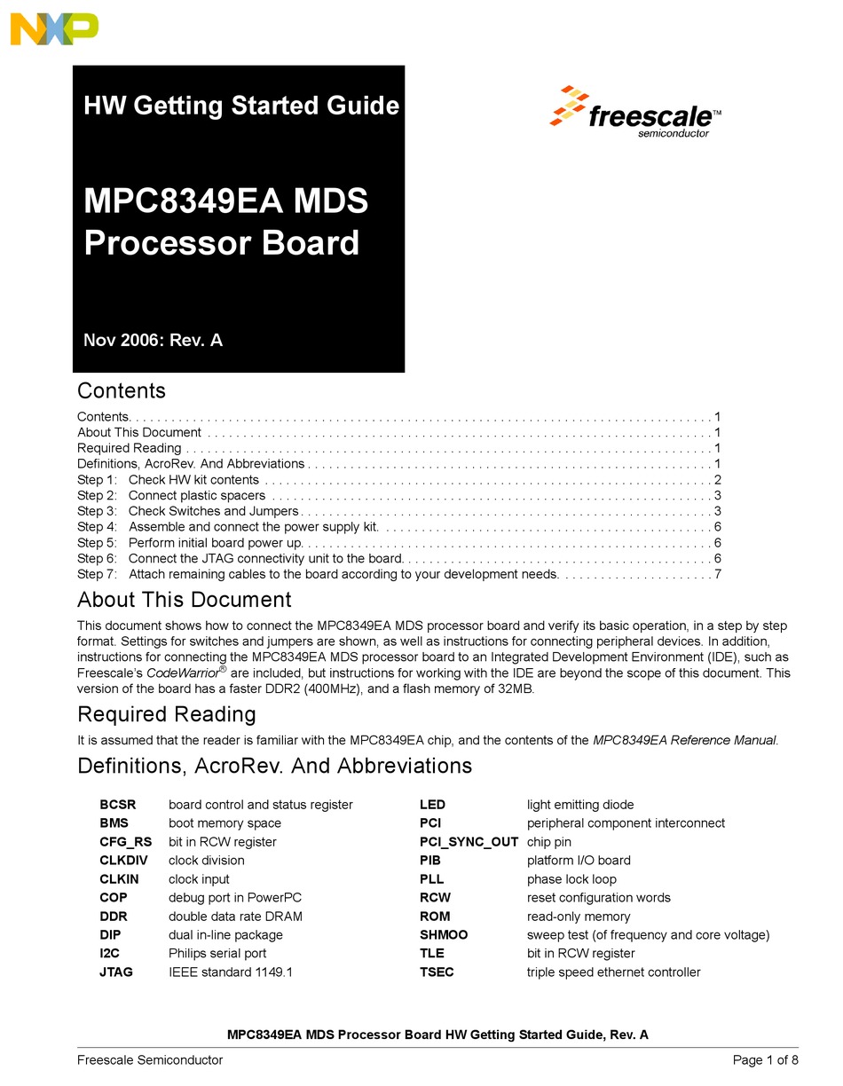 FREESCALE SEMICONDUCTOR MPC8349EA MDS GETTING STARTED MANUAL Pdf