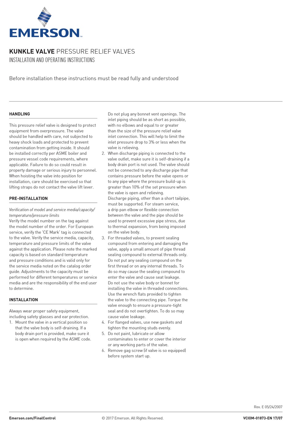 EMERSON KUNKLE VALVE SERIES INSTALLATION AND OPERATING INSTRUCTIONS Pdf