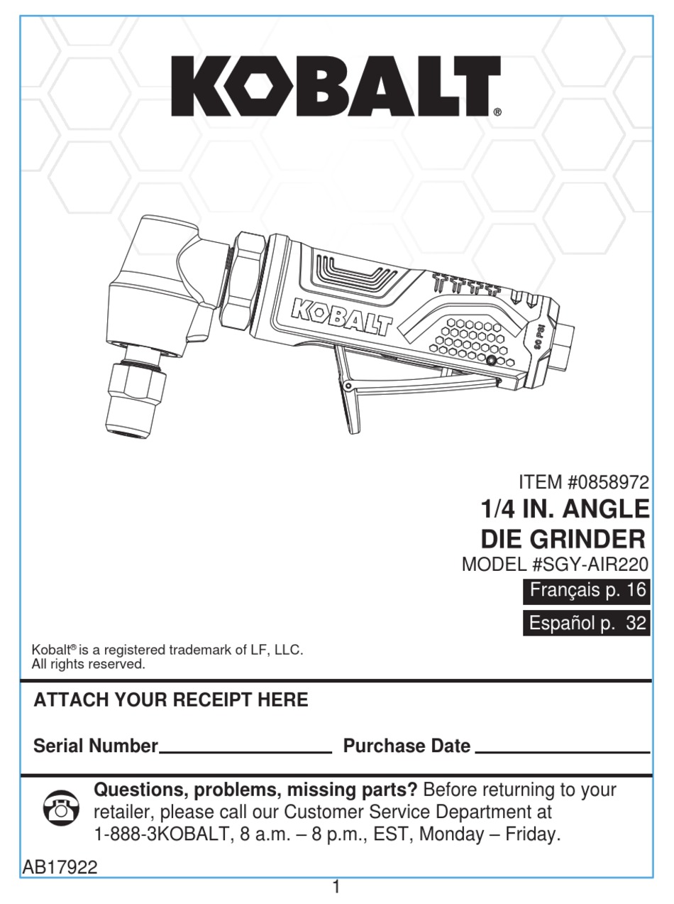 KOBALT SGYAIR220 GRINDER MANUAL ManualsLib