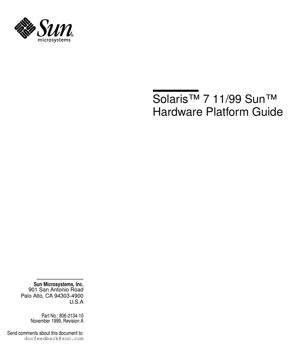 SUN MICROSYSTEMS SOLARIS 7 11/99 SERVER HARDWARE PLATFORM MANUAL ...
