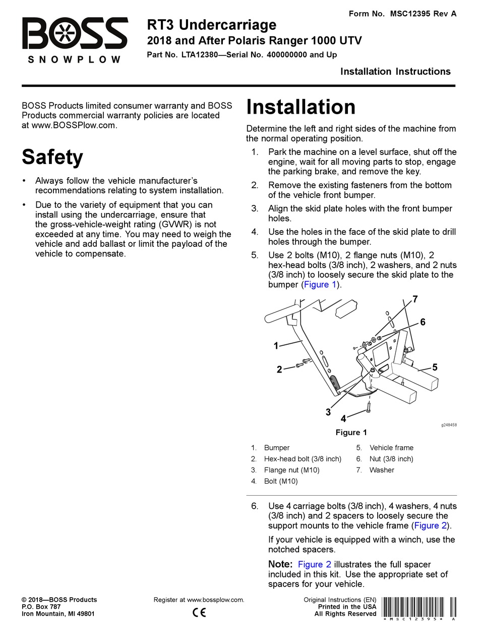 BOSS RT3 UNDERCARRIAGE SNOW BLOWER INSTALLATION INSTRUCTIONS ManualsLib