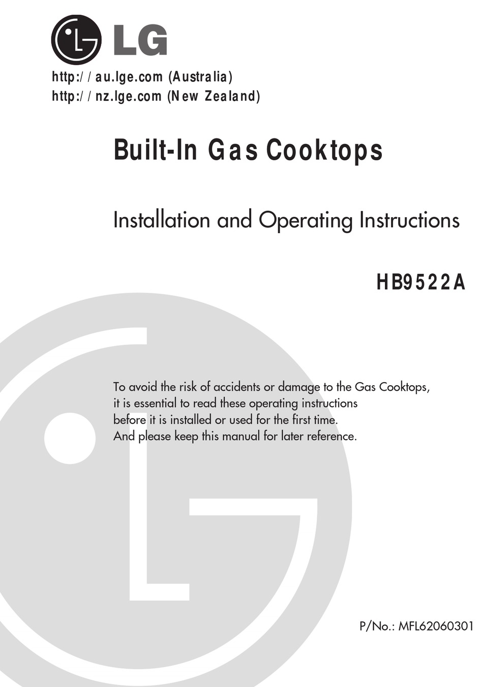 LG HB9522A COOKTOP INSTALLATION AND OPERATING INSTRUCTIONS MANUAL