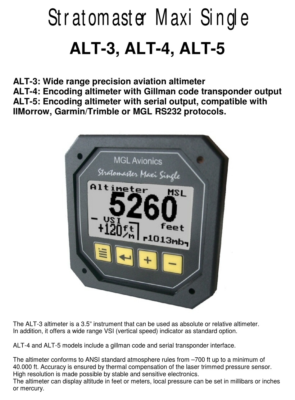 MGL AVIONICS STRATOMASTER MAXI SINGLE ALT-3 AVIONICS DISPLAY