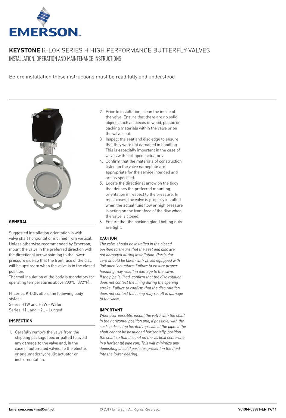 EMERSON KEYSTONE KLOK H SERIES INSTALLATION, OPERATION AND MAINTENANCE