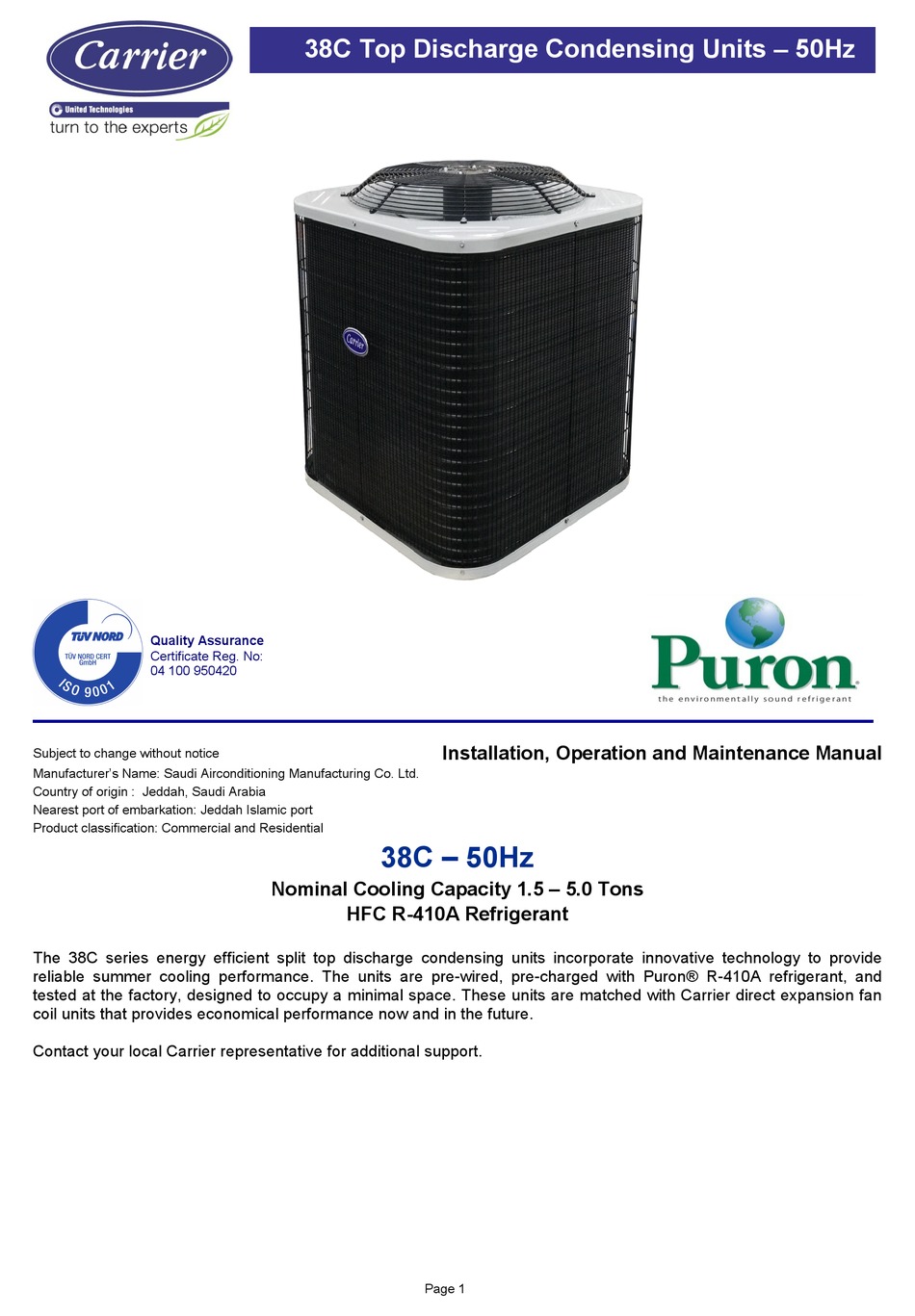CARRIER 38C SERIES AIR CONDITIONER INSTALLATION, OPERATION AND