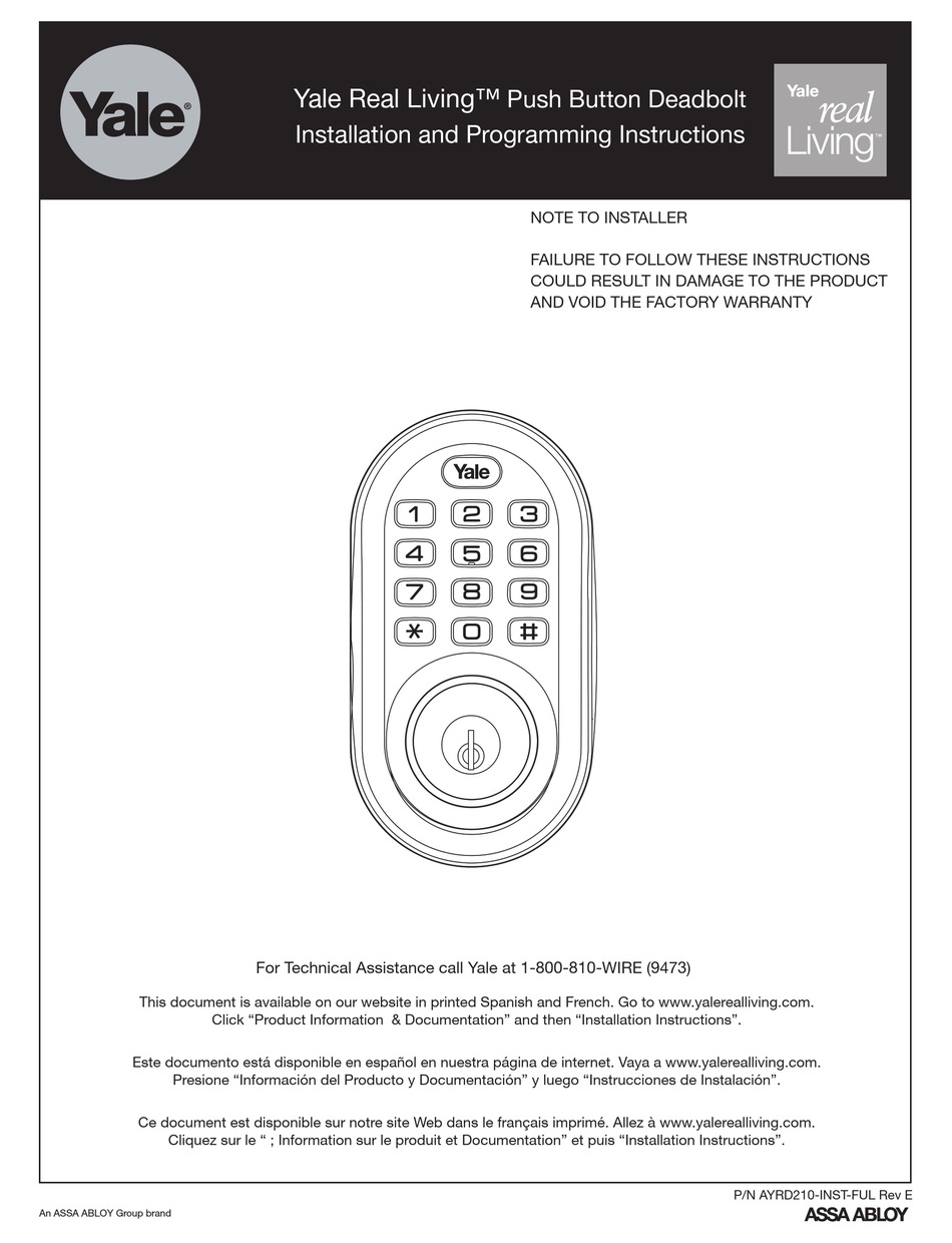 ASSA ABLOY YALE REAL LIVING YRD210-ZW INSTALLATION AND PROGRAMMING
