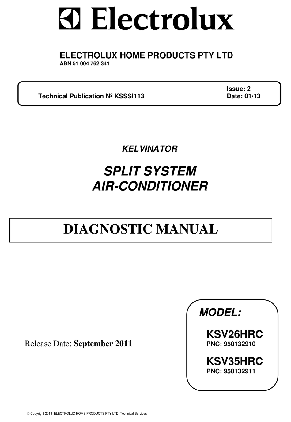 ELECTROLUX KSV26HRC AIR CONDITIONER DIAGNOSTIC MANUAL ManualsLib