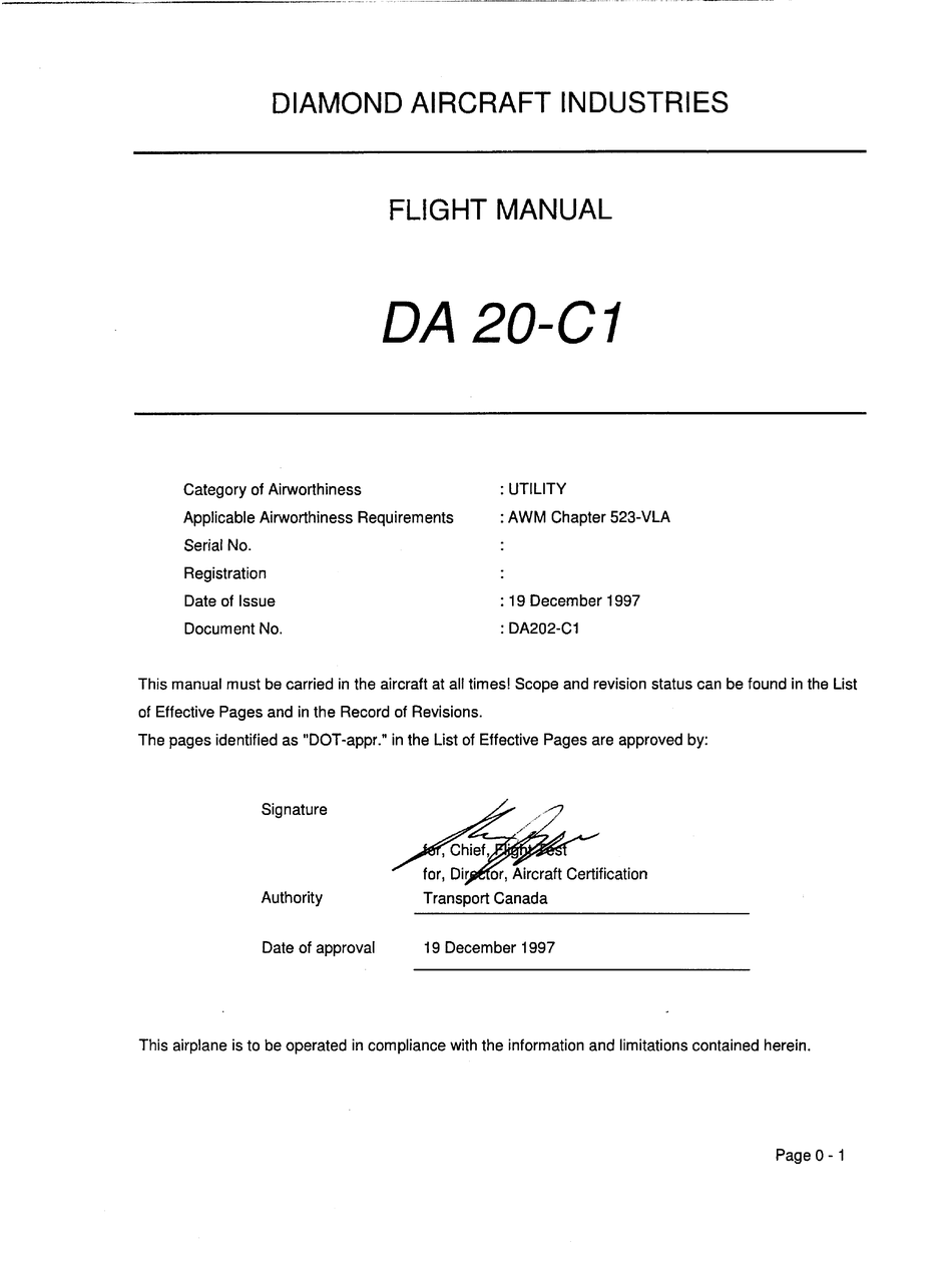 DIAMOND AIRCRAFT DA 20C1 AIRCRAFT FLIGHT MANUAL ManualsLib