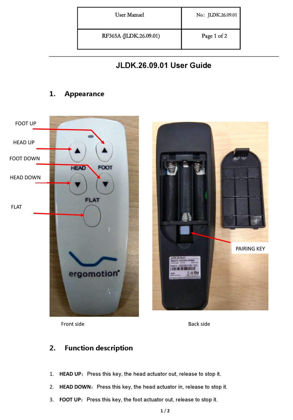 ERGOMOTION RF365A REMOTE CONTROL USER MANUAL ManualsLib