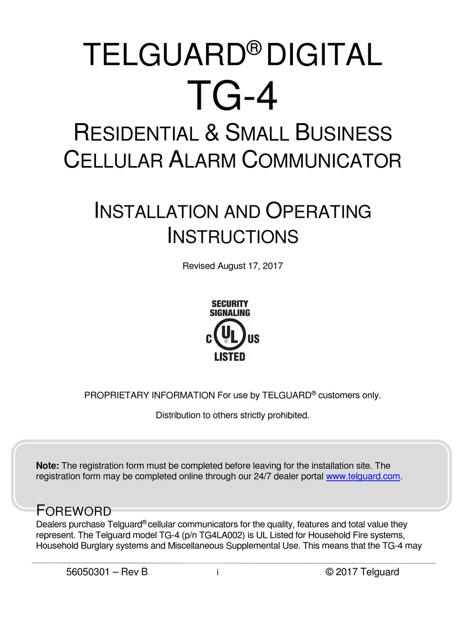 TELGUARD TG-4 INSTALLATION AND OPERATION INSTRUCTIONS MANUAL Pdf