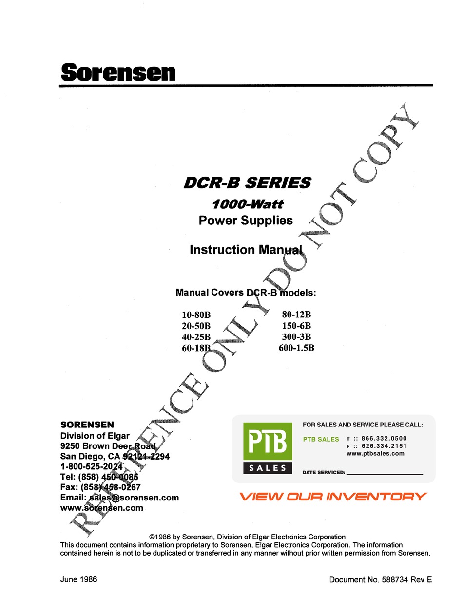 SORENSEN DCR-B 10-80B INSTRUCTION MANUAL Pdf Download | ManualsLib