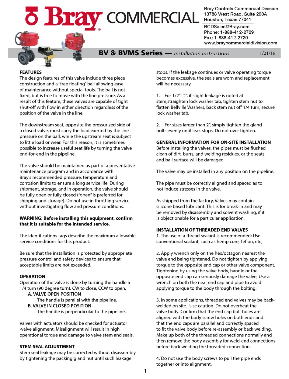 BRAY CONTROLS BV SERIES INSTALLATION INSTRUCTIONS MANUAL Pdf Download