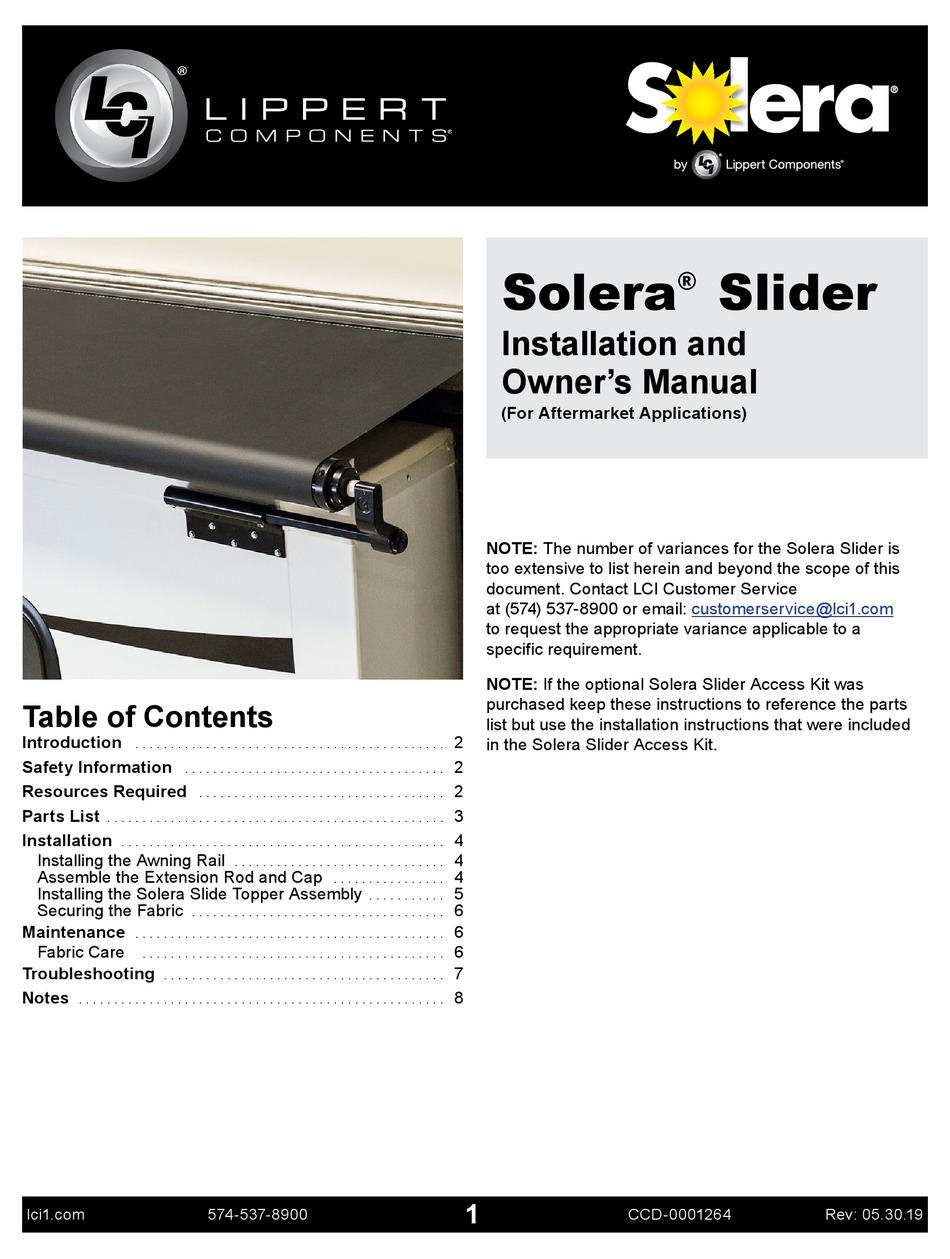 LIPPERT COMPONENTS SOLERA SLIDE TOPPER INSTALLATION AND OWNER'S MANUAL