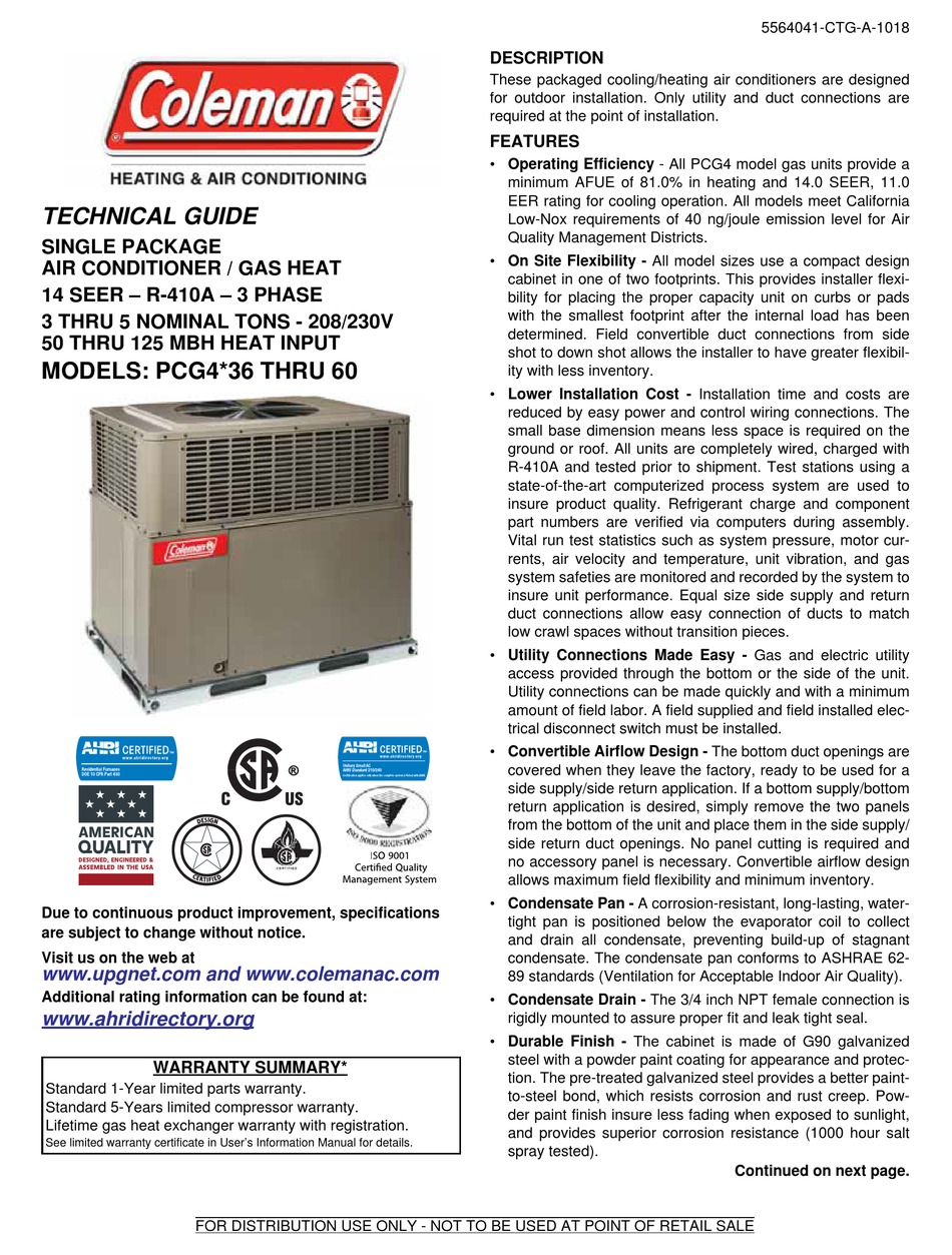 Coleman Pcg4a36 Technical Manual Pdf Download Manualslib