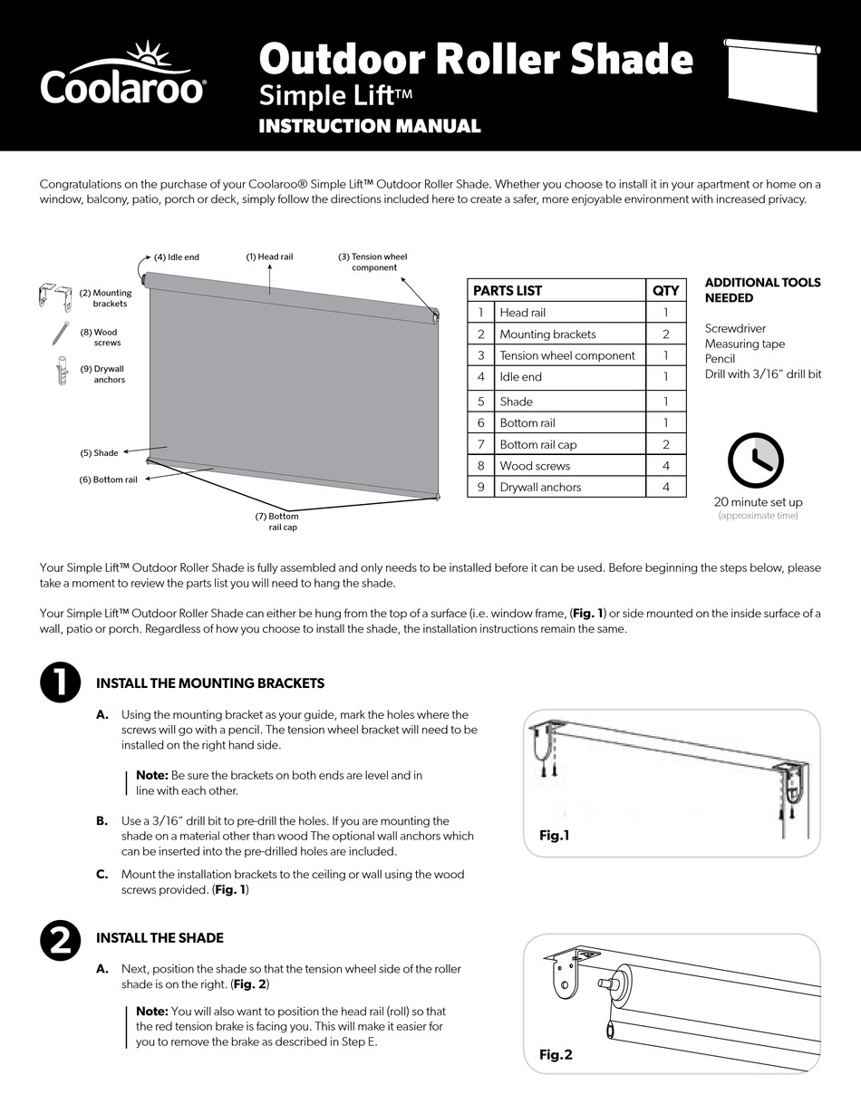 Coolaroo Simple Lift Instruction Manual, How To Install Coolaroo Outdoor Roller Shade Simple Lift