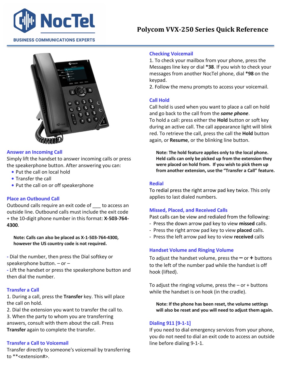 POLYCOM VVX-250 SERIES QUICK REFERENCE Pdf Download | ManualsLib