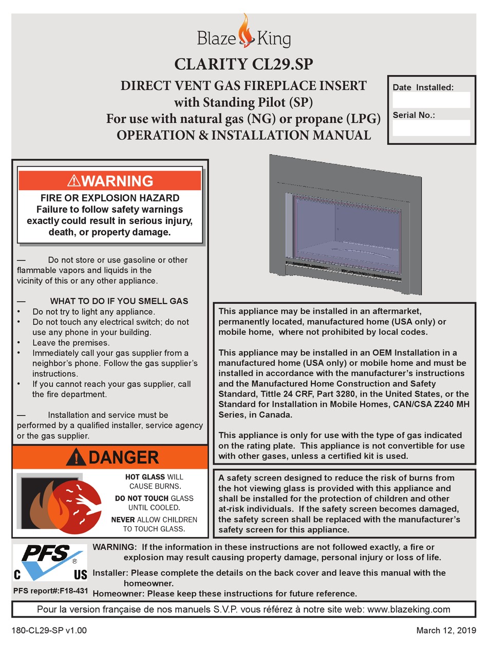 BLAZE KING CLARITY CL29.SP OPERATION & INSTALLATION MANUAL Pdf Download