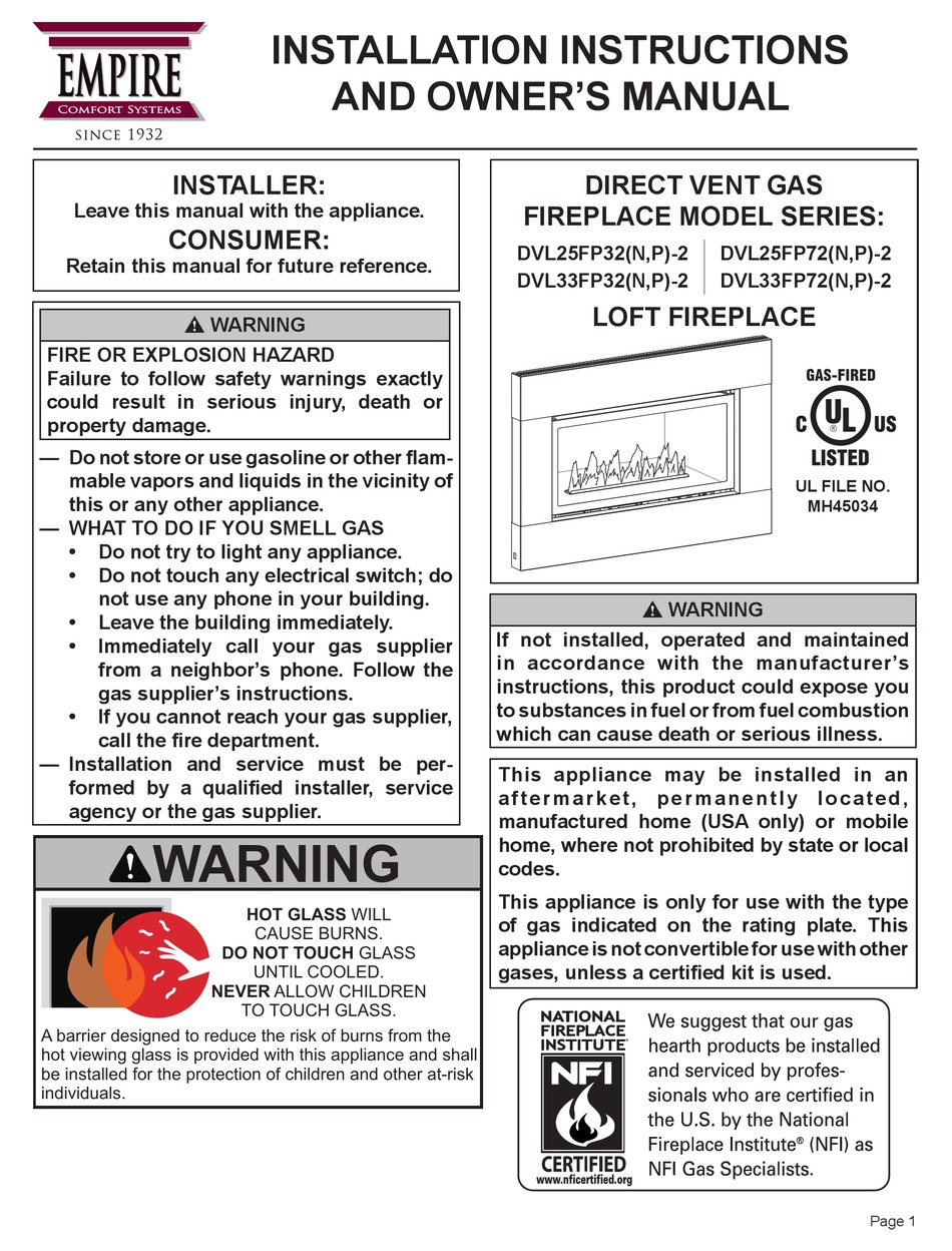 EMPIRE COMFORT SYSTEMS DVL25FP32 SERIES INSTALLATION INSTRUCTIONS AND