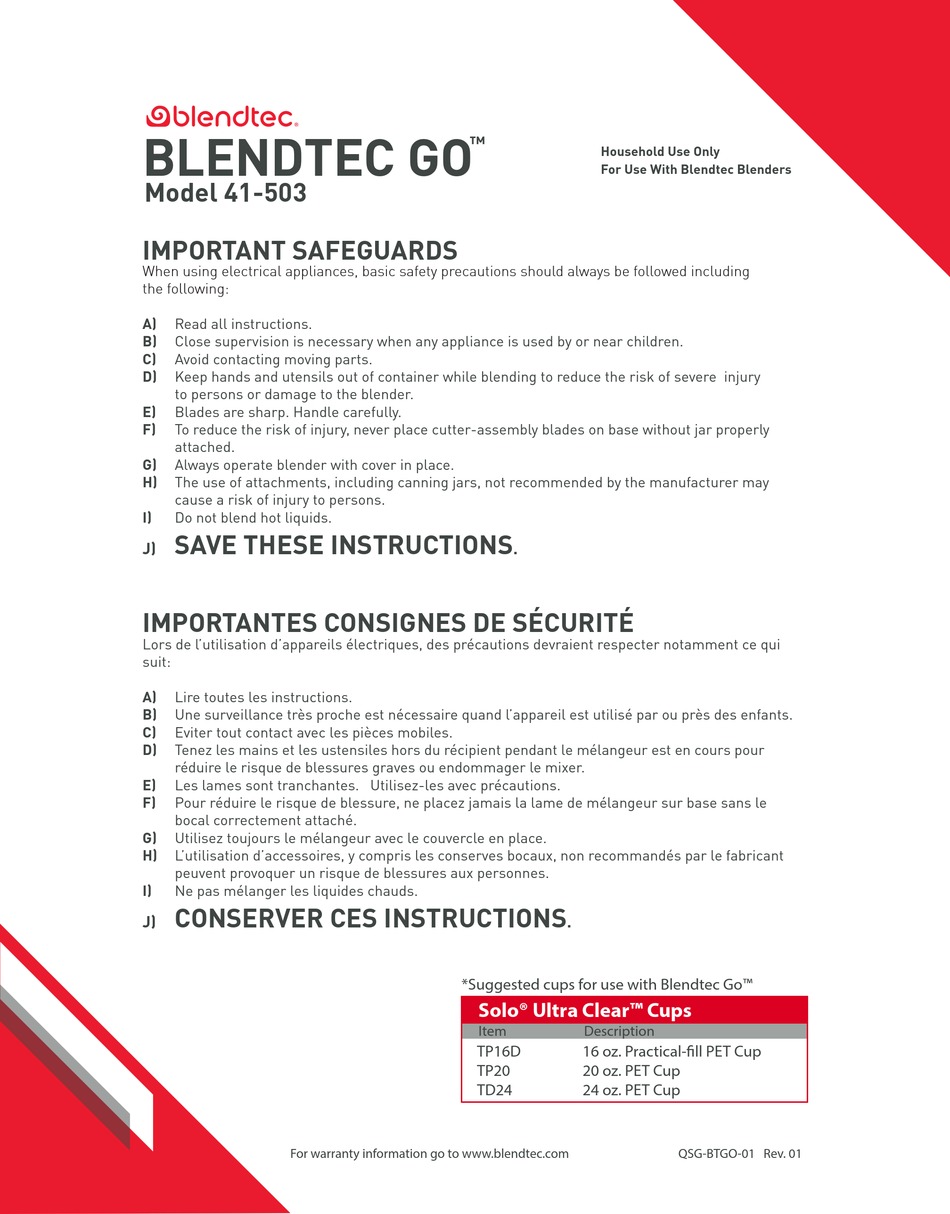 BLENDTEC GO 41503 QUICK START MANUAL Pdf Download ManualsLib