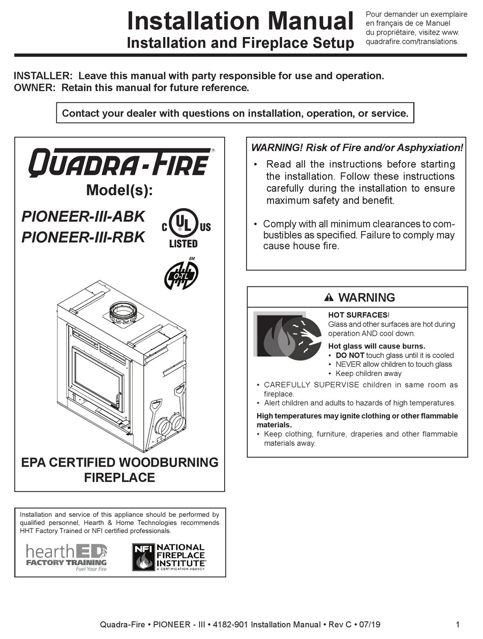 Quadra Fire Pioneer Iii Abk Installation Manual Pdf Download Manualslib