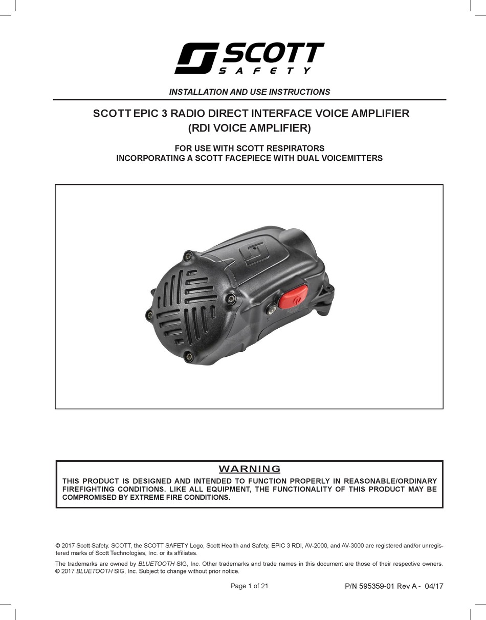 SCOTT SAFETY EPIC 3 INSTALLATION AND USE INSTRUCTIONS AND WARNINGS Pdf