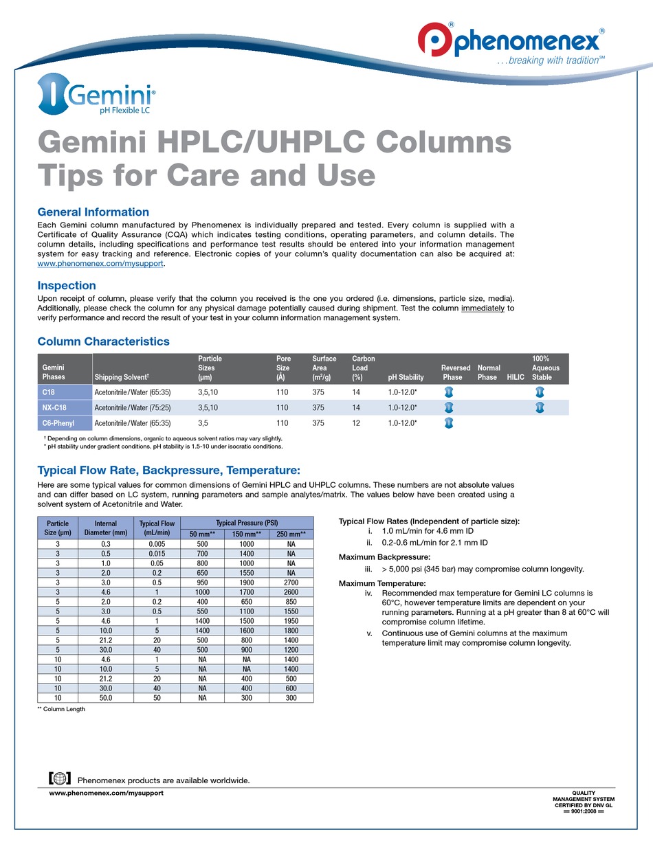 PHENOMENEX GEMINI C18 CARE AND USE Pdf Download | ManualsLib