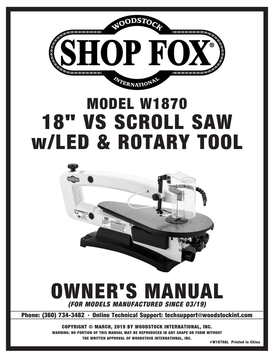 Woodstock Shop Fox W1870 Owner's Manual 