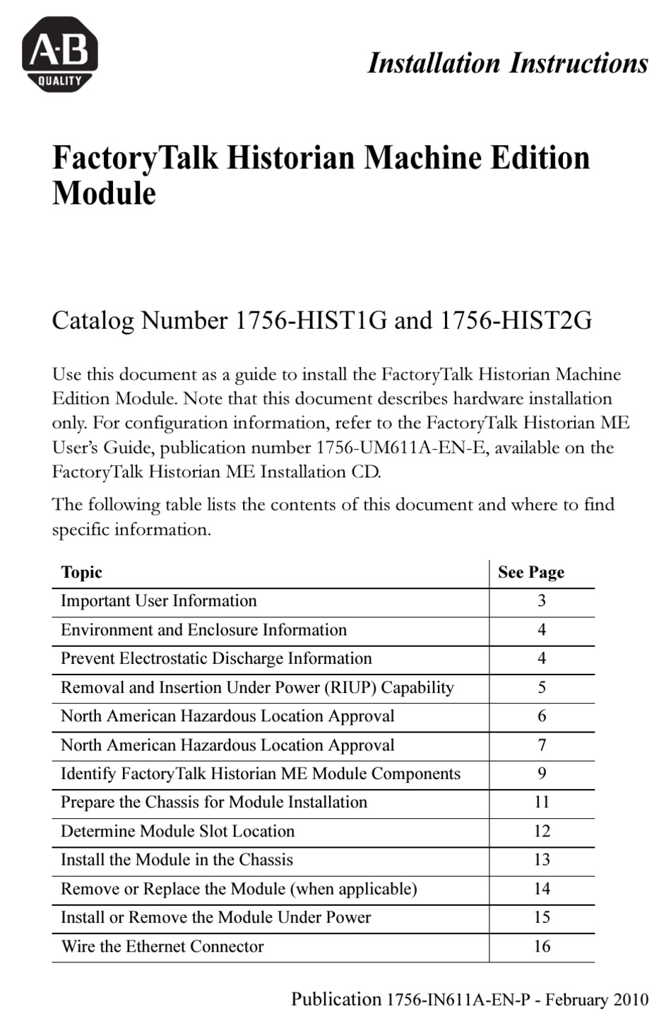 ROCKWELL AUTOMATION ALLEN-BRADLEY 1756-HIST1G INSTALLATION INSTRUCTIONS ...