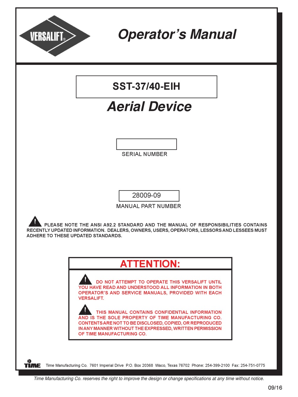 TIME VERSALIFT SST-37-EIH OPERATOR'S MANUAL Pdf Download | ManualsLib