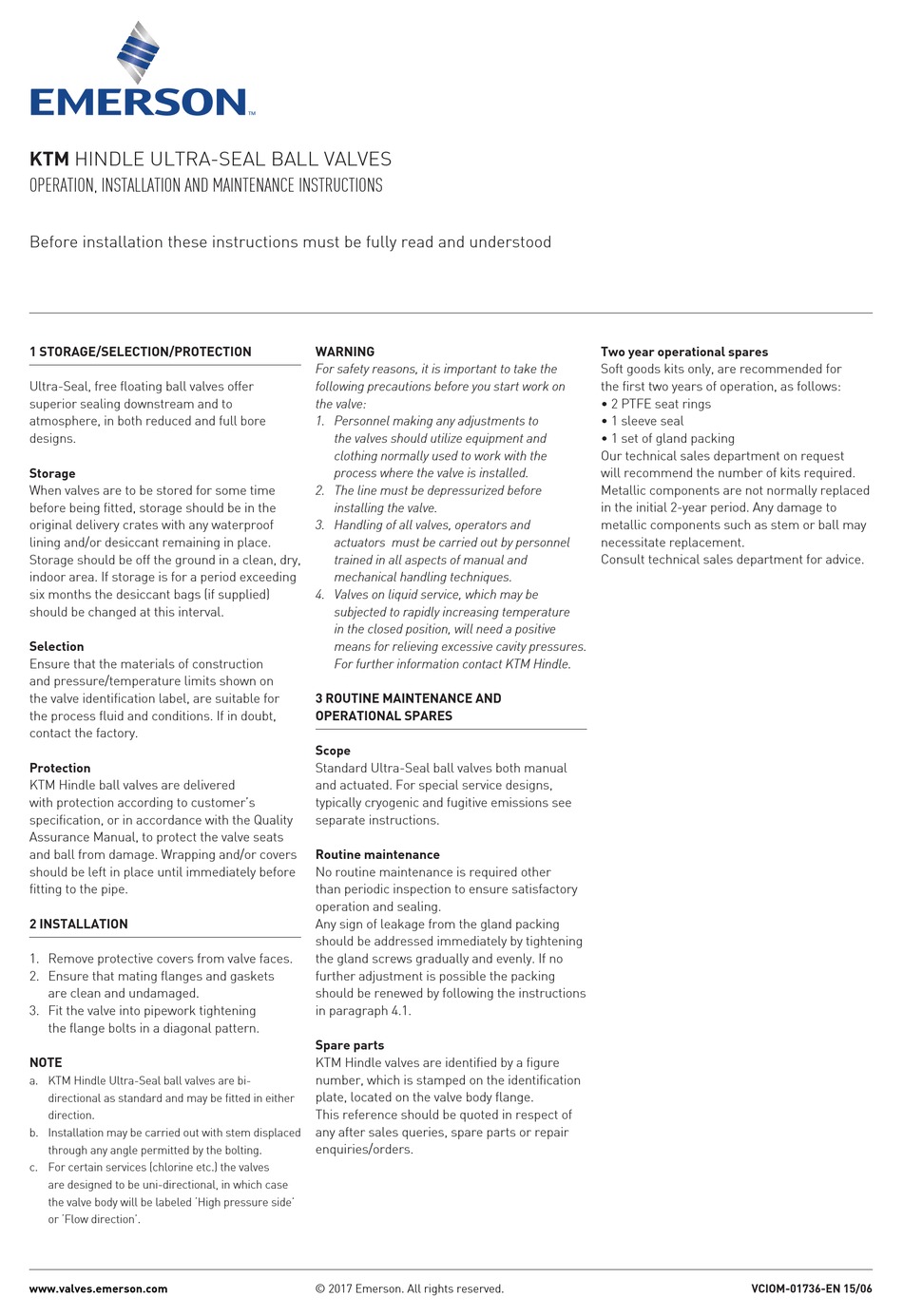 EMERSON KTM HINDLE OPERATION, INSTALLATION & MAINTENANCE INSTRUCTIONS