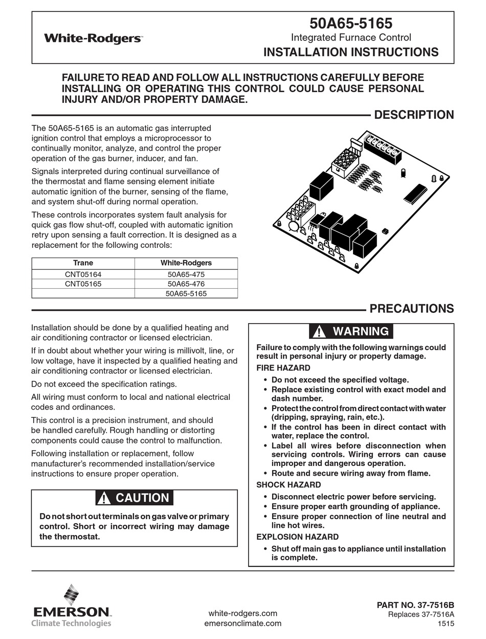 EMERSON WHITE RODGERS 50A655165 INSTALLATION INSTRUCTIONS MANUAL Pdf