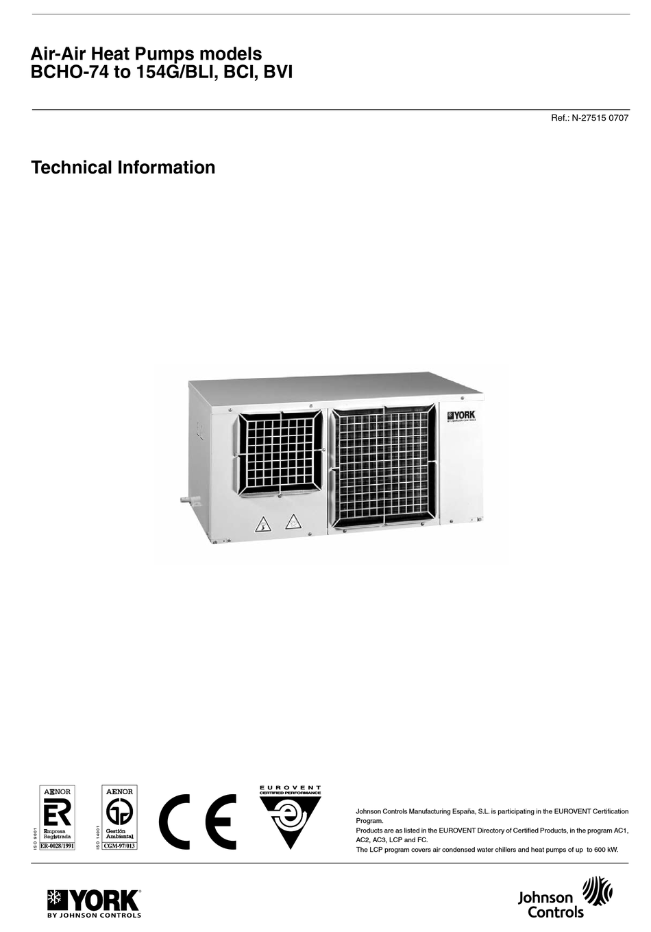JOHNSON CONTROLS YORK BCHO74G TECHNICAL INFORMATION Pdf Download