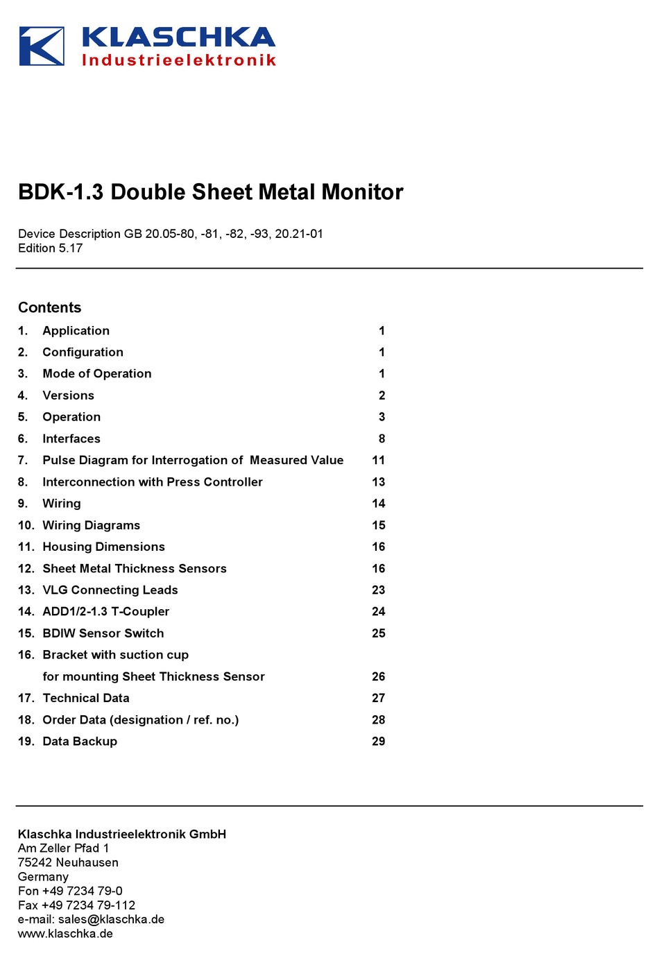 Klaschka k 1 3 Technical Data Manual Pdf Download Manualslib