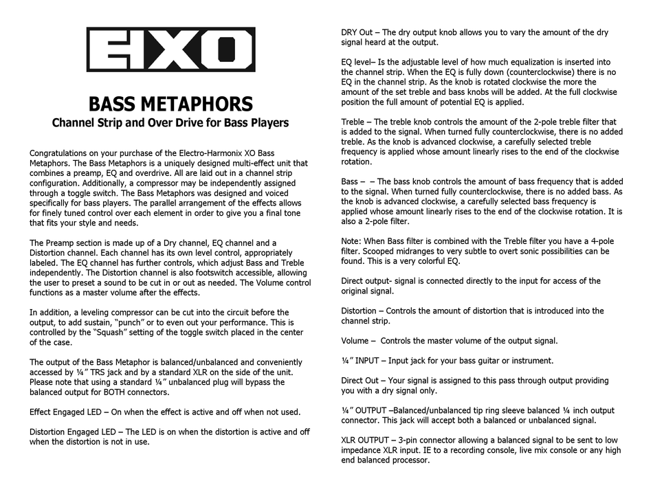 ELECTROHARMONIX XO BASS METAPHORS MANUAL Pdf Download ManualsLib