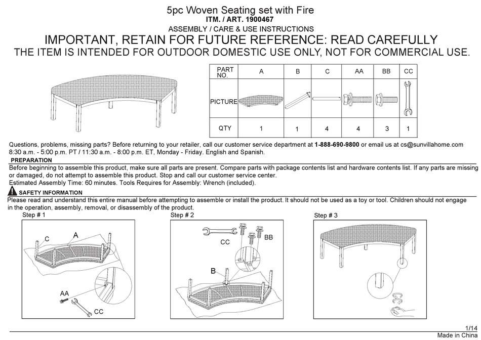 SUNVILLA 1900467 ASSEMBLY / CARE & USE INSTRUCTIONS Pdf Download