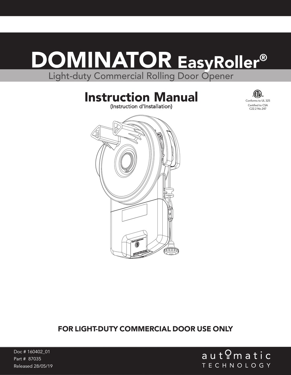 AUTOMATIC TECHNOLOGY DOMINATOR EASYROLLER INSTRUCTION MANUAL Pdf