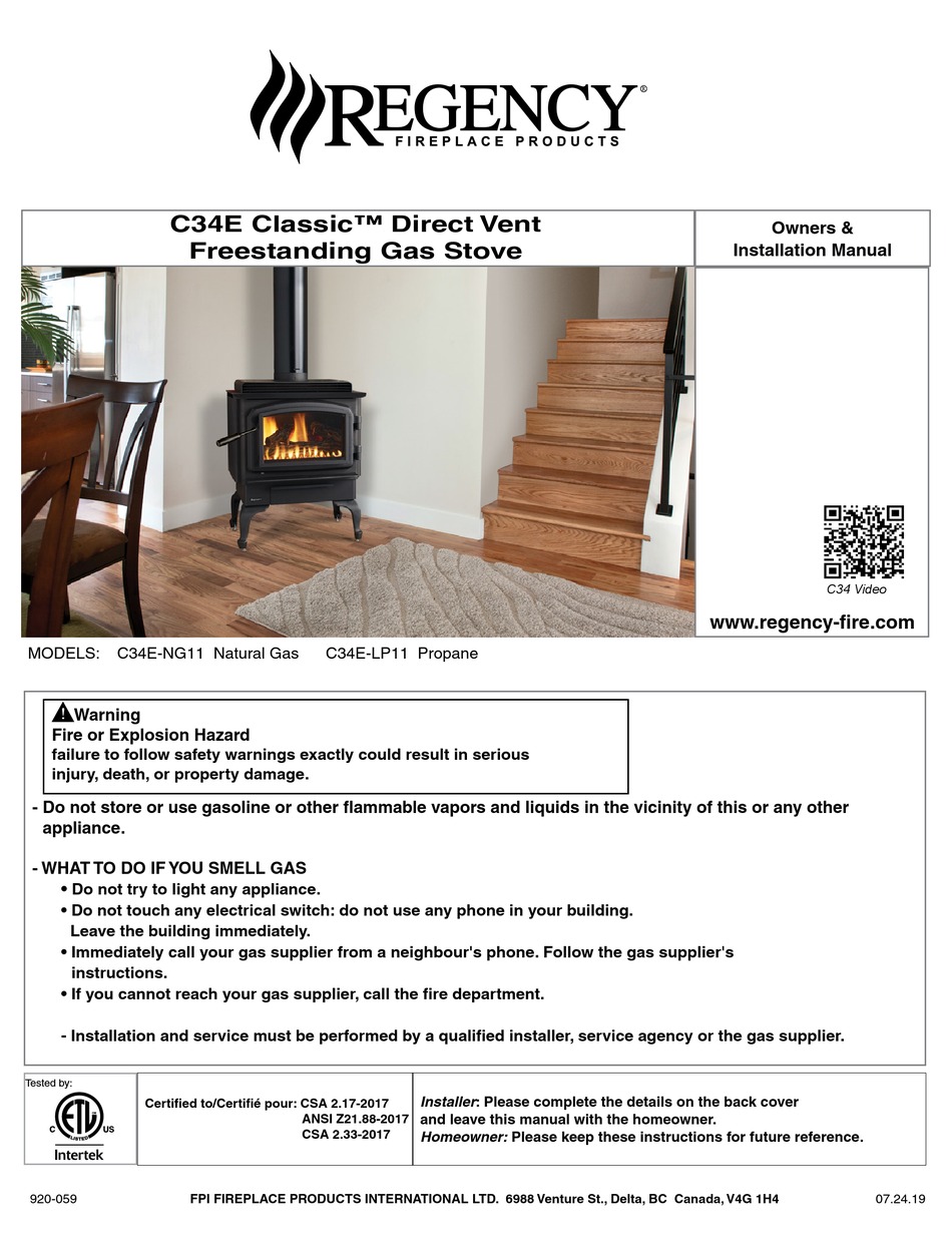REGENCY FIREPLACE PRODUCTS CLASSIC C34E OWNERS & INSTALLATION MANUAL