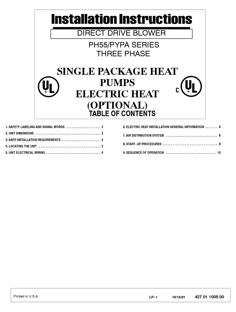 INTERNATIONAL COMFORT PRODUCTS PH55 SERIES INSTALLATION INSTRUCTIONS