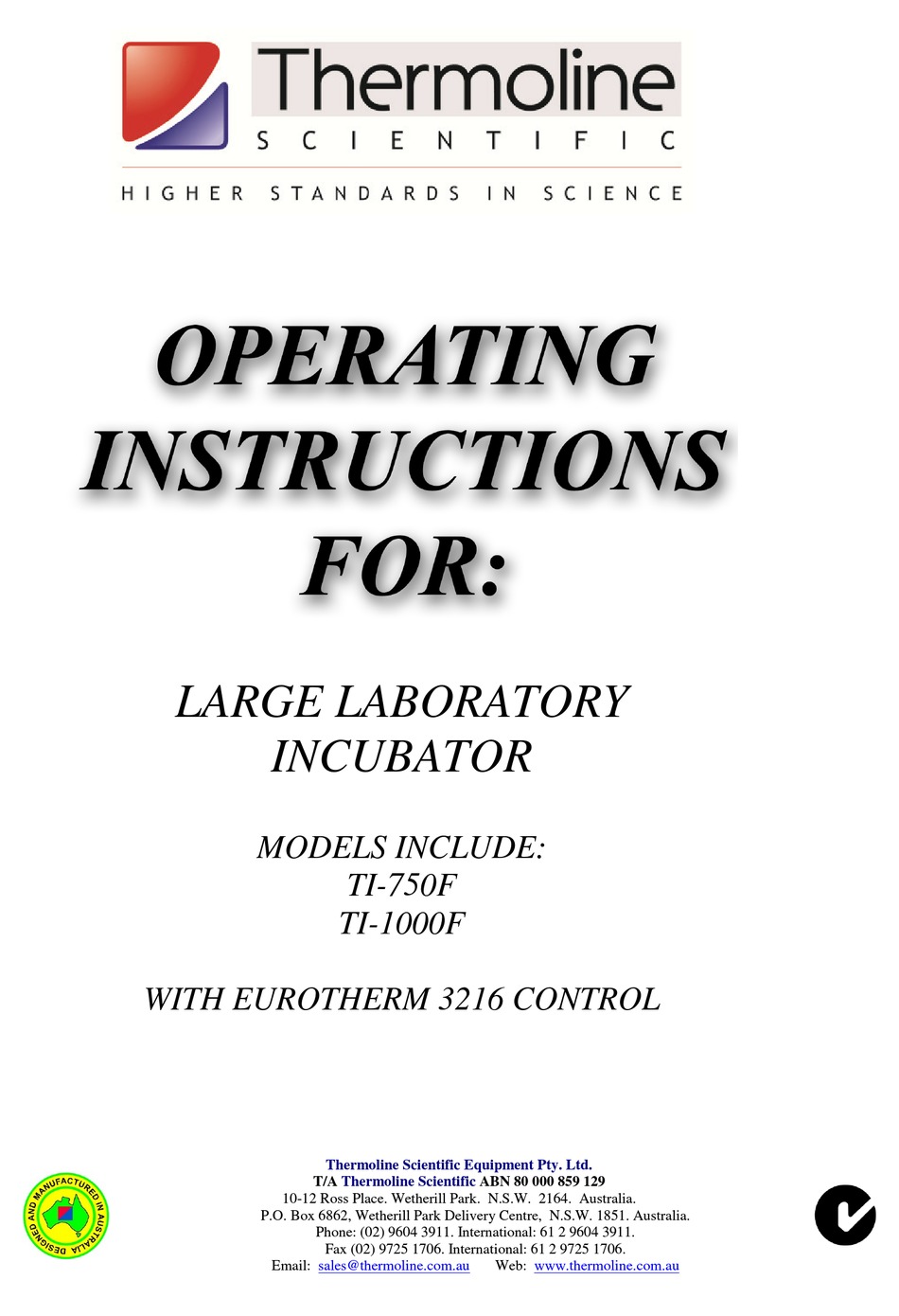 THERMOLINE SCIENTIFIC EQUIPMENT TI750F OPERATING INSTRUCTIONS MANUAL