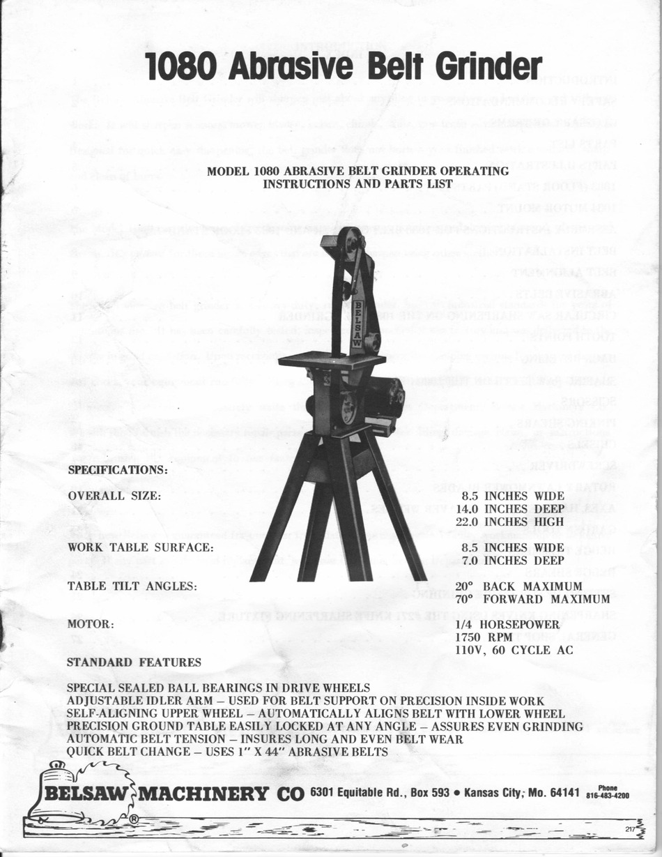 BELSAW 1080 OPERATING INSTRUCTIONS AND PARTS LIST MANUAL Pdf Download
