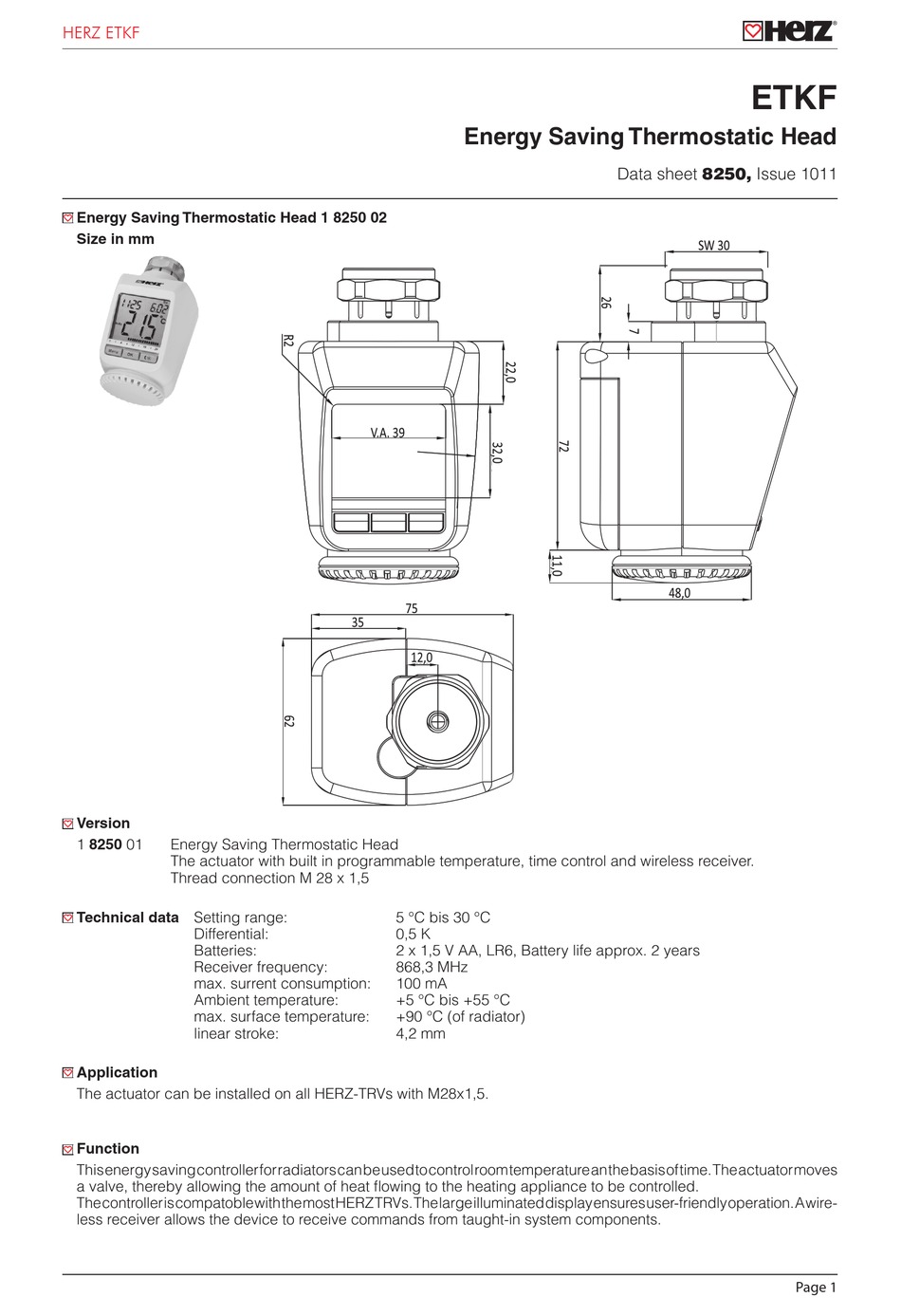 HERZ H7711 Digital Thermostat PRODUCT SPECIFICATION SHEET 