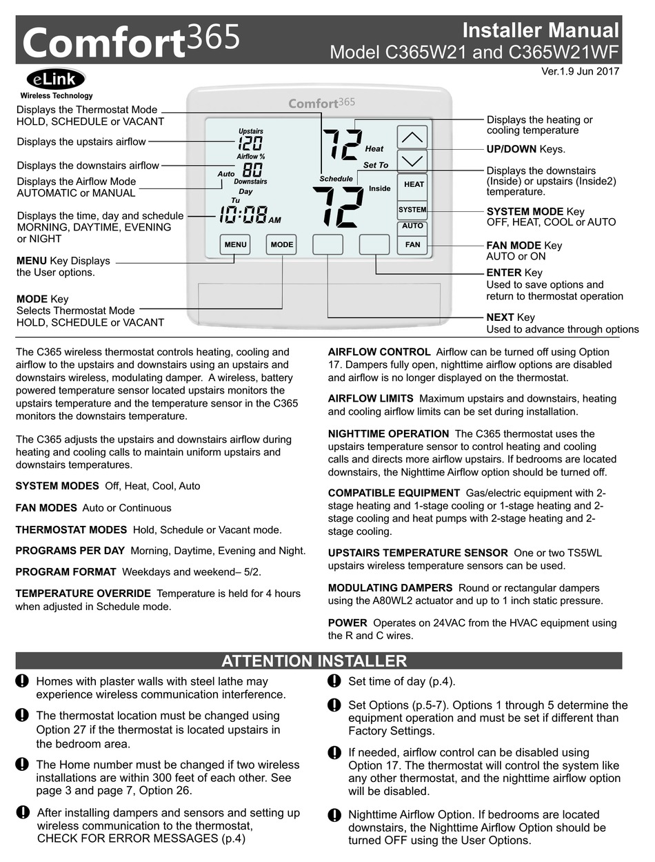 COMFORT365 C365W21 INSTALLER MANUAL Pdf Download | ManualsLib