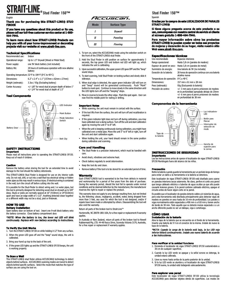 STRAITLINE STUD FINDER 150 QUICK START MANUAL Pdf Download ManualsLib