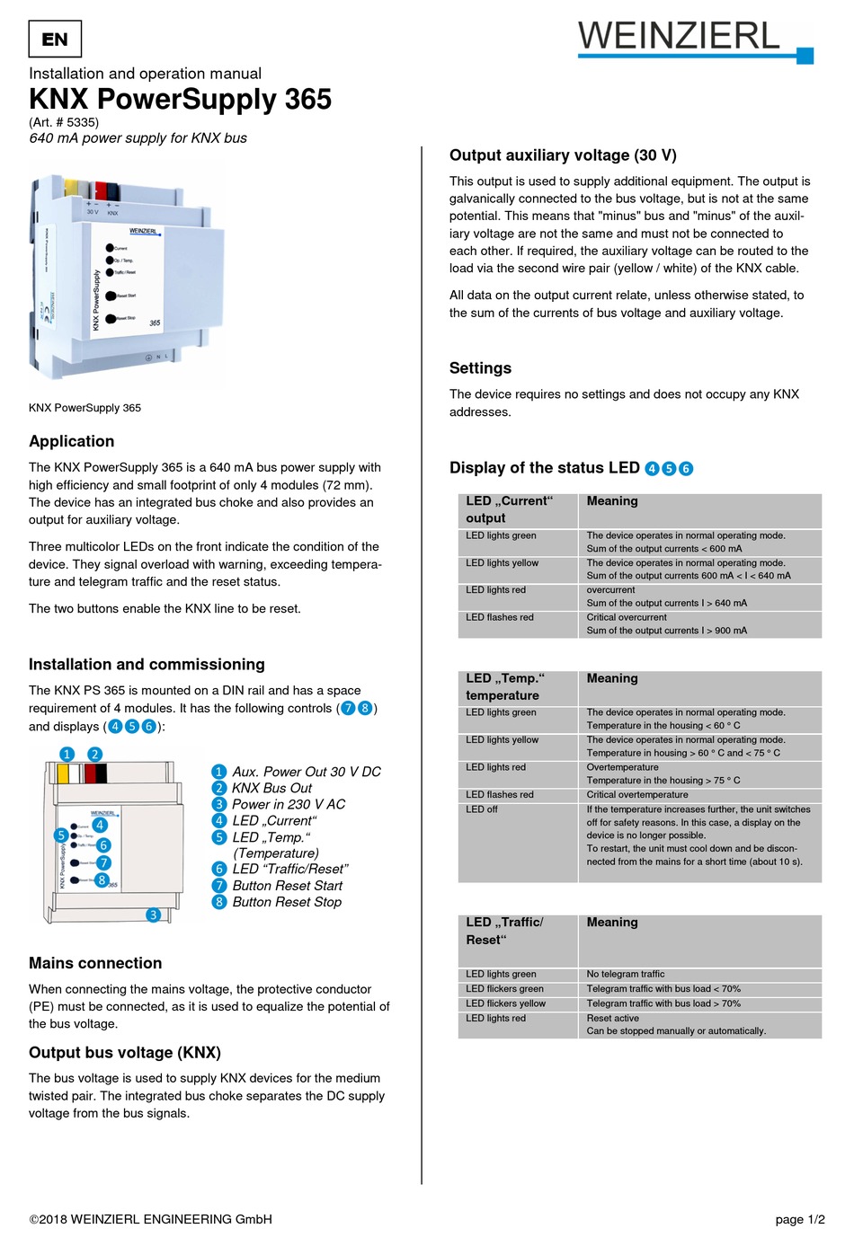 WEINZIERL KNX POWERSUPPLY 365 INSTALLATION AND OPERATION MANUAL Pdf
